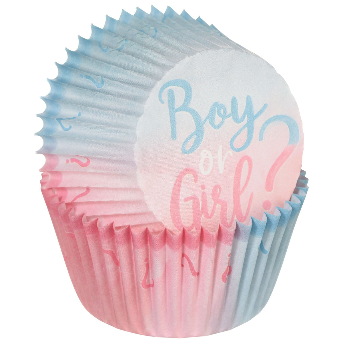 or Girl?" Baking Cups, Blue/Pink, 2-in, 75-pk, for Gender Reveal G9Y9 - product image 1