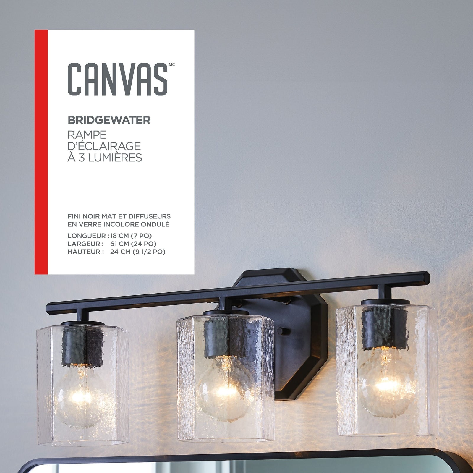 Bridgewater 3-Light Vanity Light Fixture with Rippled Glass Shade, Black J6C2 - product image 5
