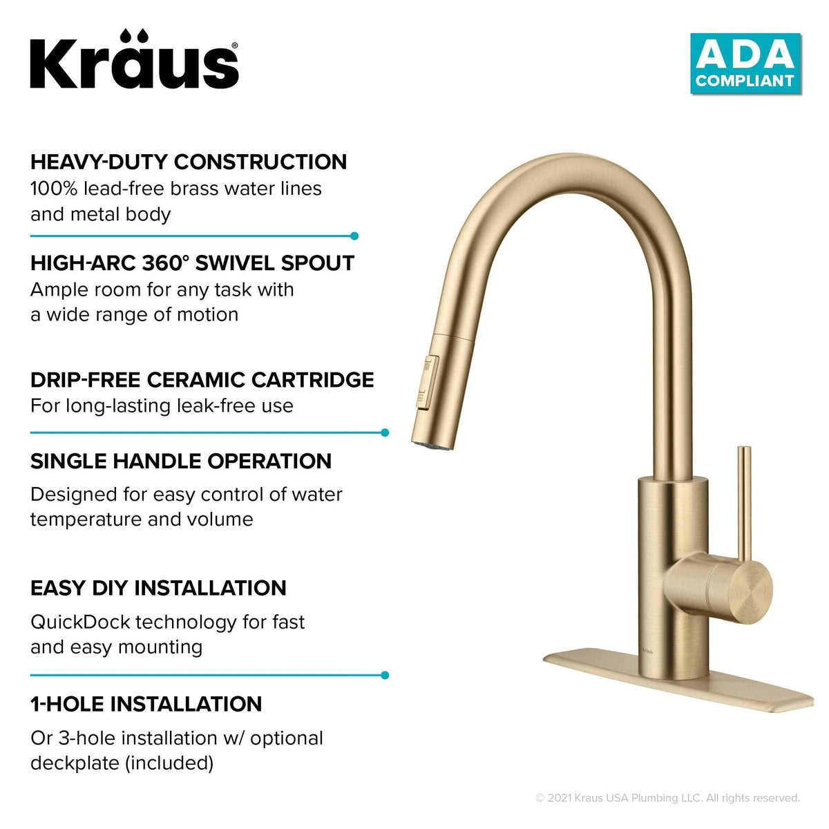 Oletto Pull-Down Single Handle Kitchen Faucet with QuickDock Top Mount Installation Assembly, Spot Free Antique Champagne Bronze F0T2 - product image 8