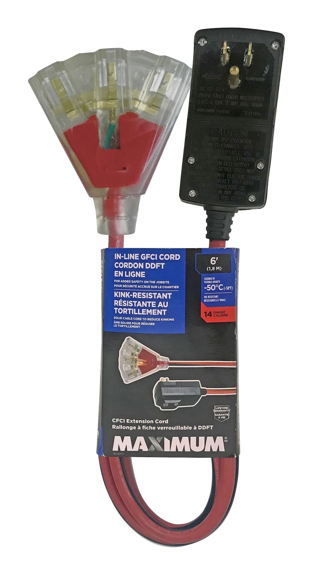 6-ft 14/3 Outdoor GFCI Extension Cord with 3 Grounded Outlets, Lighted End, Block/Red D5U4 - product image 4