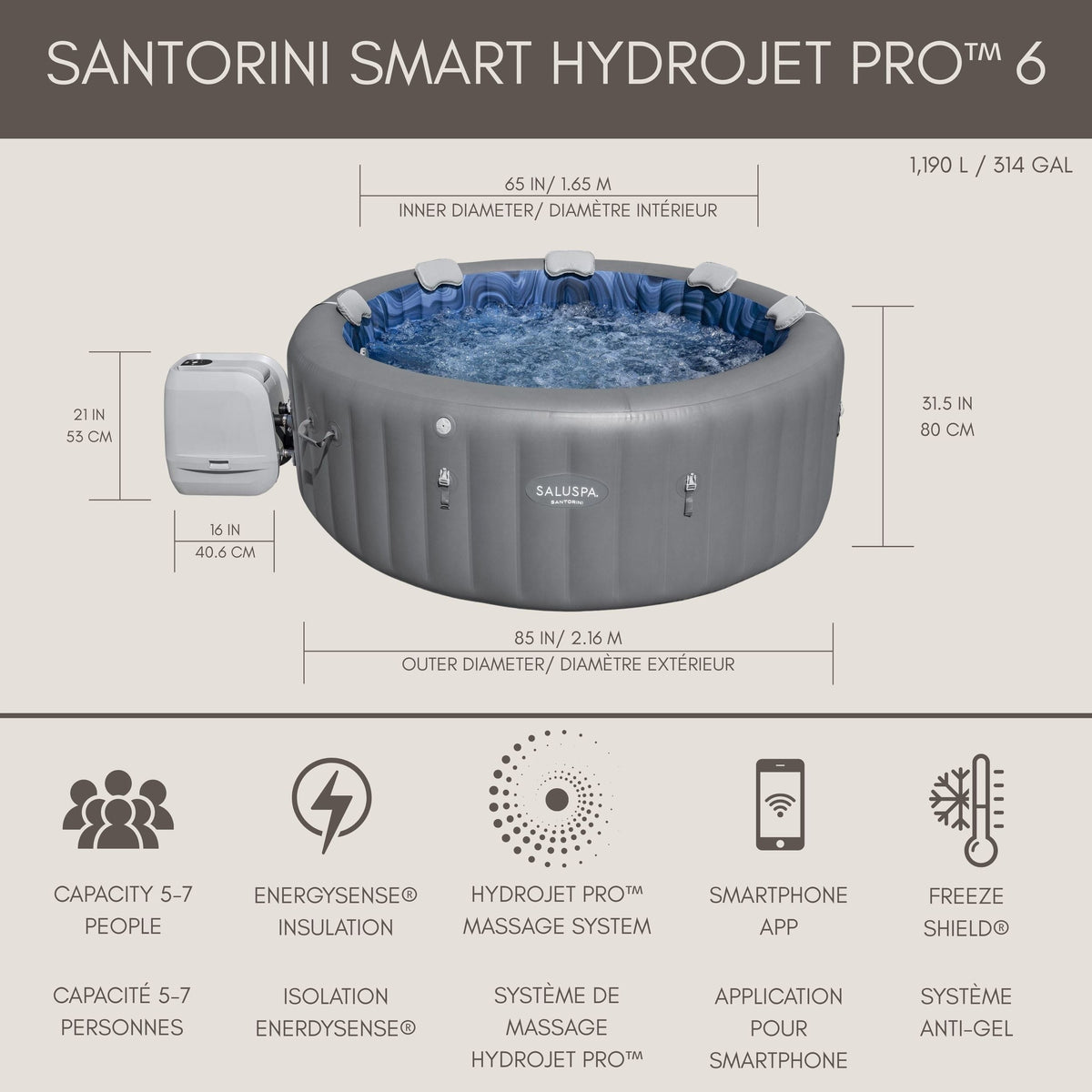 Spa Santorini Grey 7-Person Luxe HydroJet Pro Round Smart Spa, 85-in x 31.5-in B9I1 - product image 6