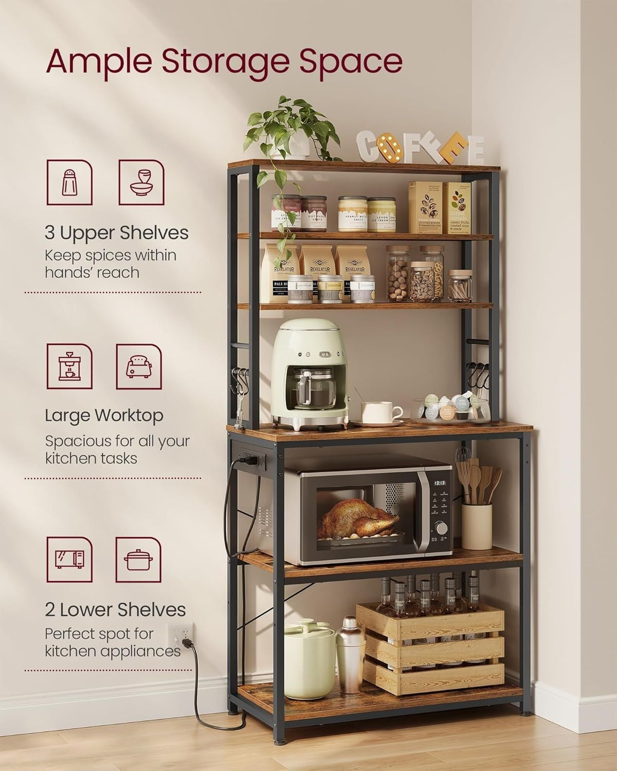 Home Small Rustic Brown Baker's Rack with 4 AC Outlets E5H3 - product image 6