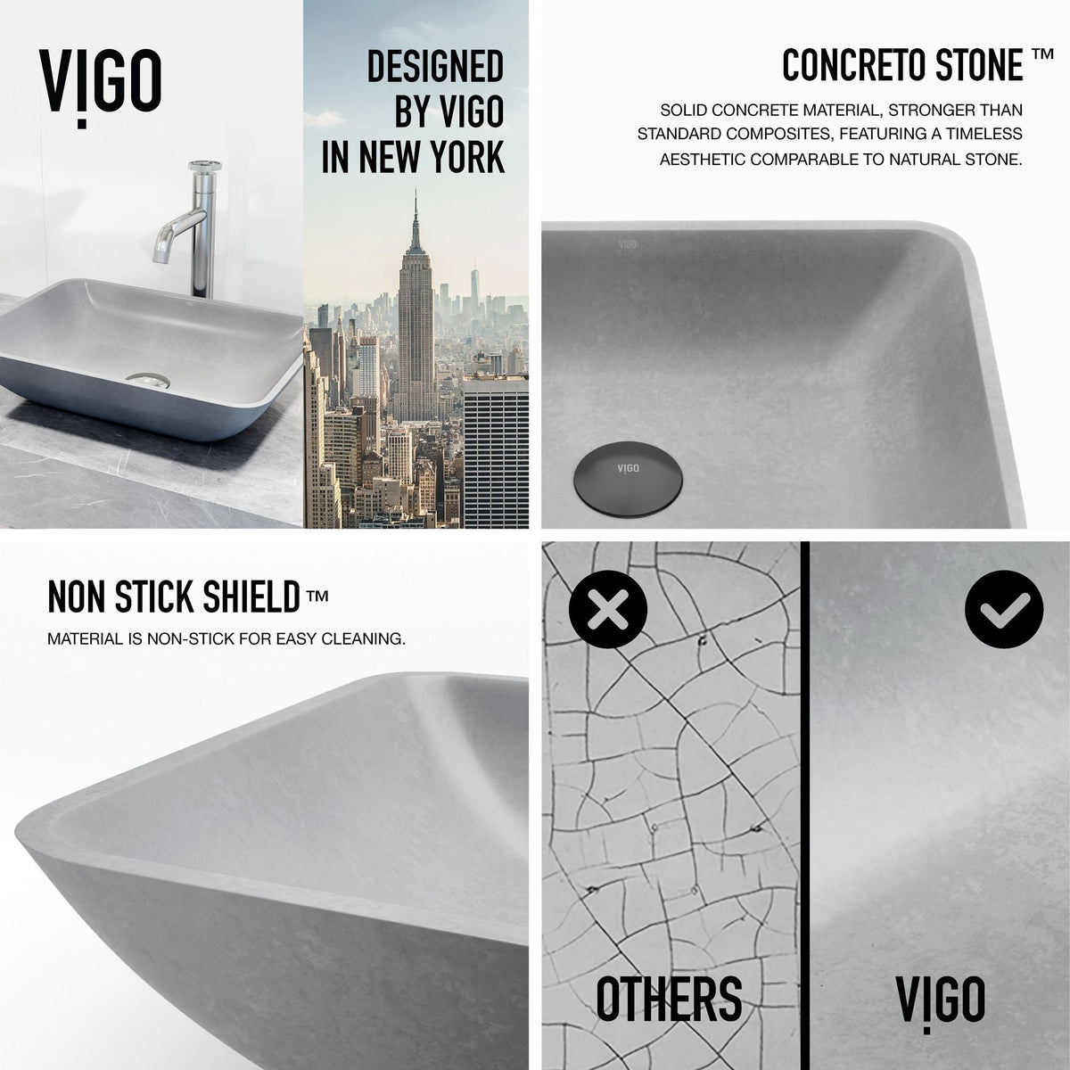 Duomo Gothic ConcretoStone Grey Bathroom Sink/Basin Set with Cass Faucet and Rectangular Vessel K9X5 - product image 5