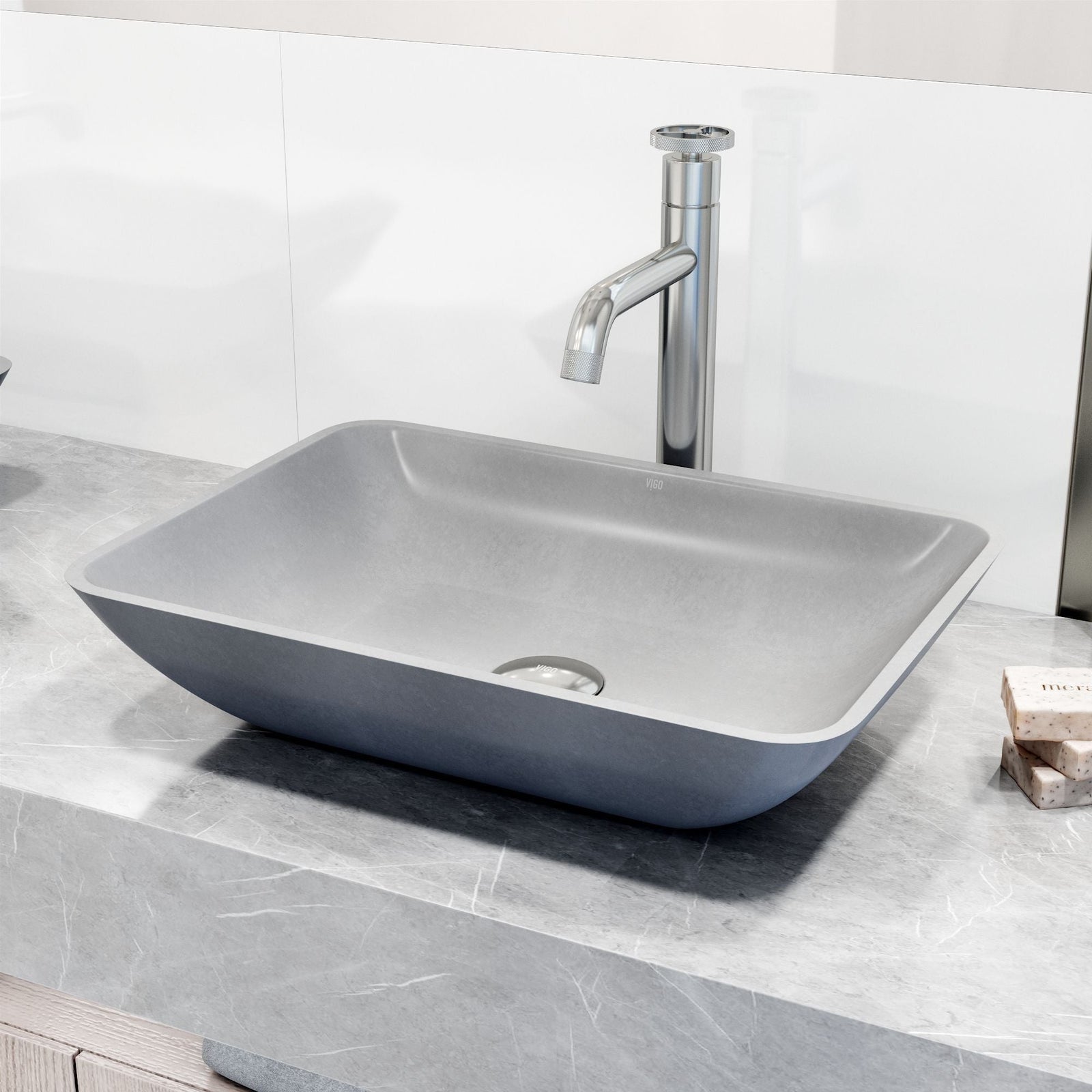 Duomo Gothic ConcretoStone Grey Bathroom Sink/Basin Set with Cass Faucet and Rectangular Vessel K9X5 - product image 6