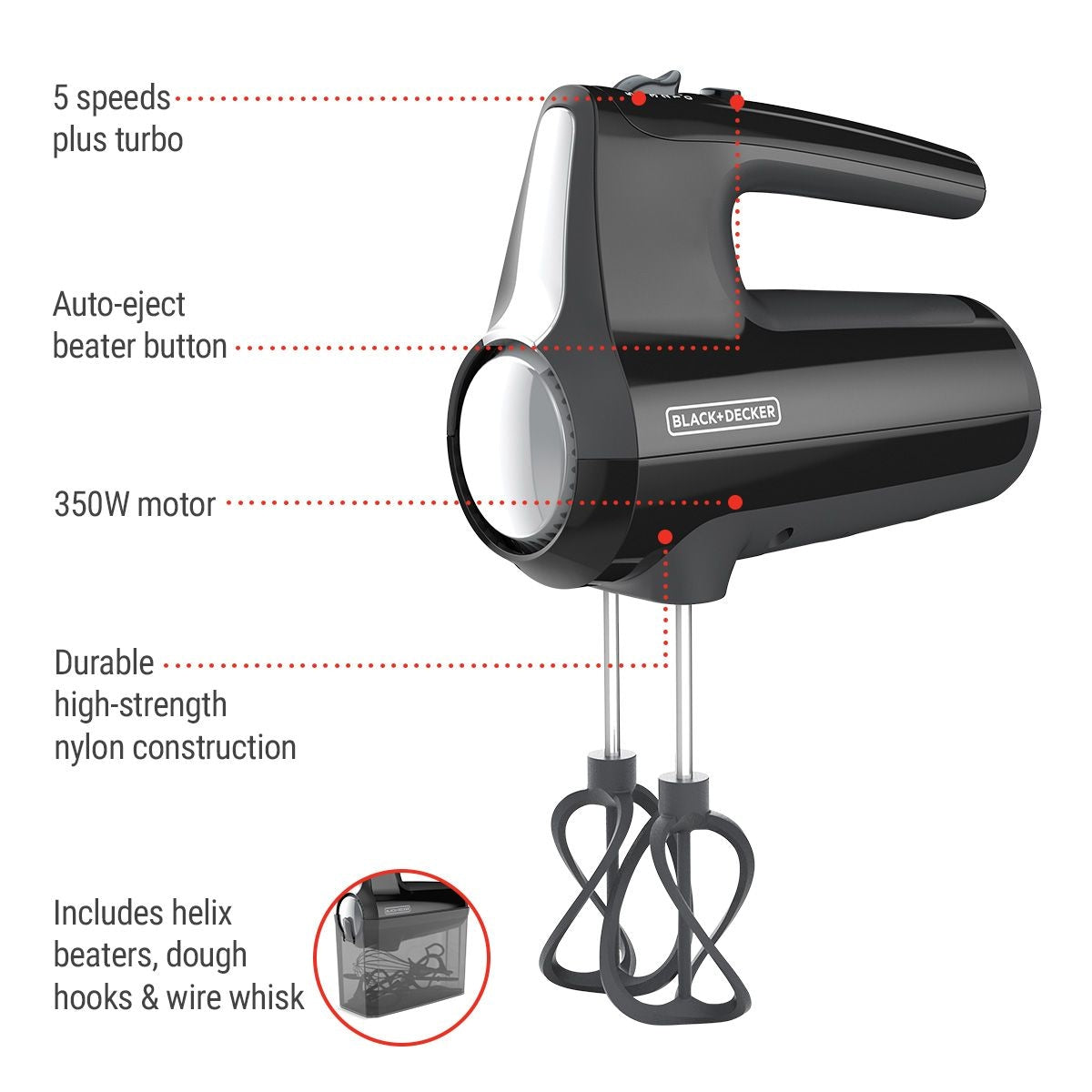 Helix Hand Mixer, Premium Performance 5 Speed Hand Mixer, Includes 5 Attachments and Case, Black Z5U8 - product image 4