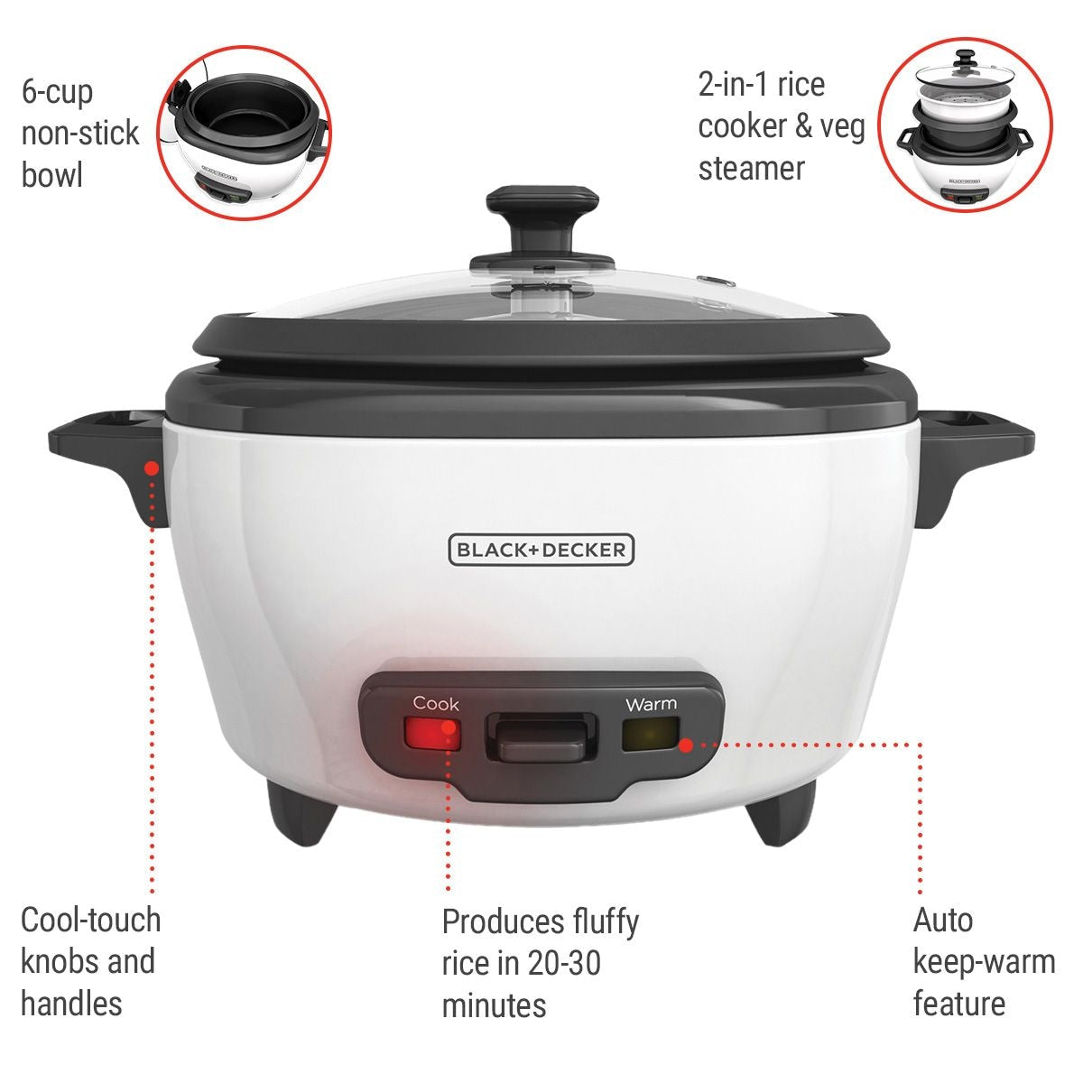 Non-Stick Rice Cooker & Steamer White, 6 Cups C6E6 - product image 7
