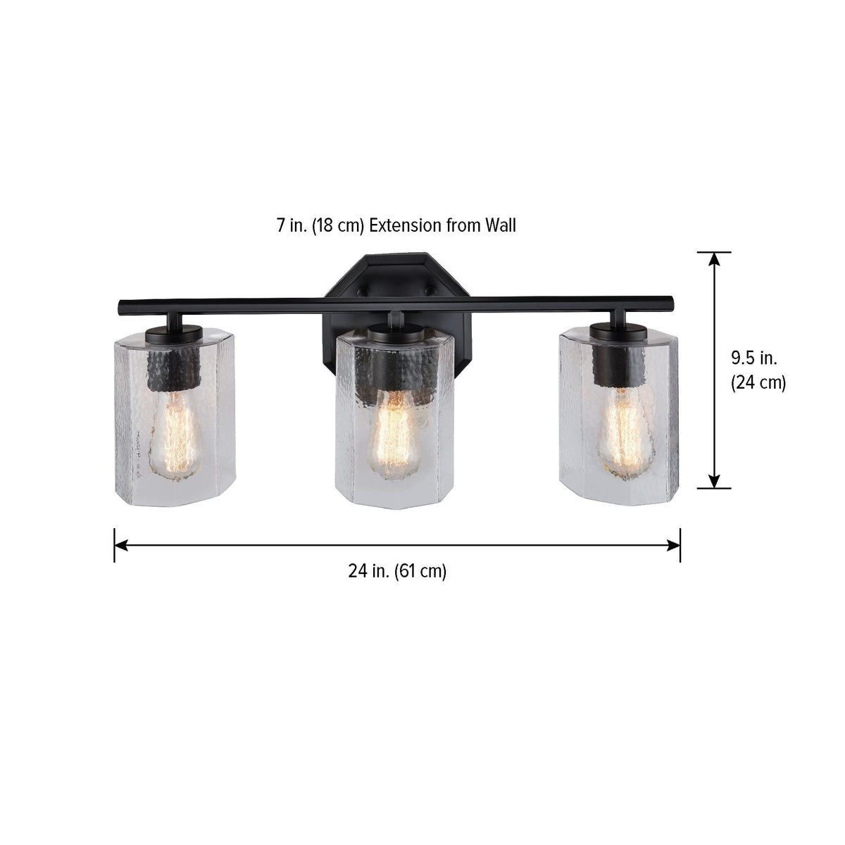 Bridgewater 3-Light Vanity Light Fixture with Rippled Glass Shade, Black J6C2 - product image 3