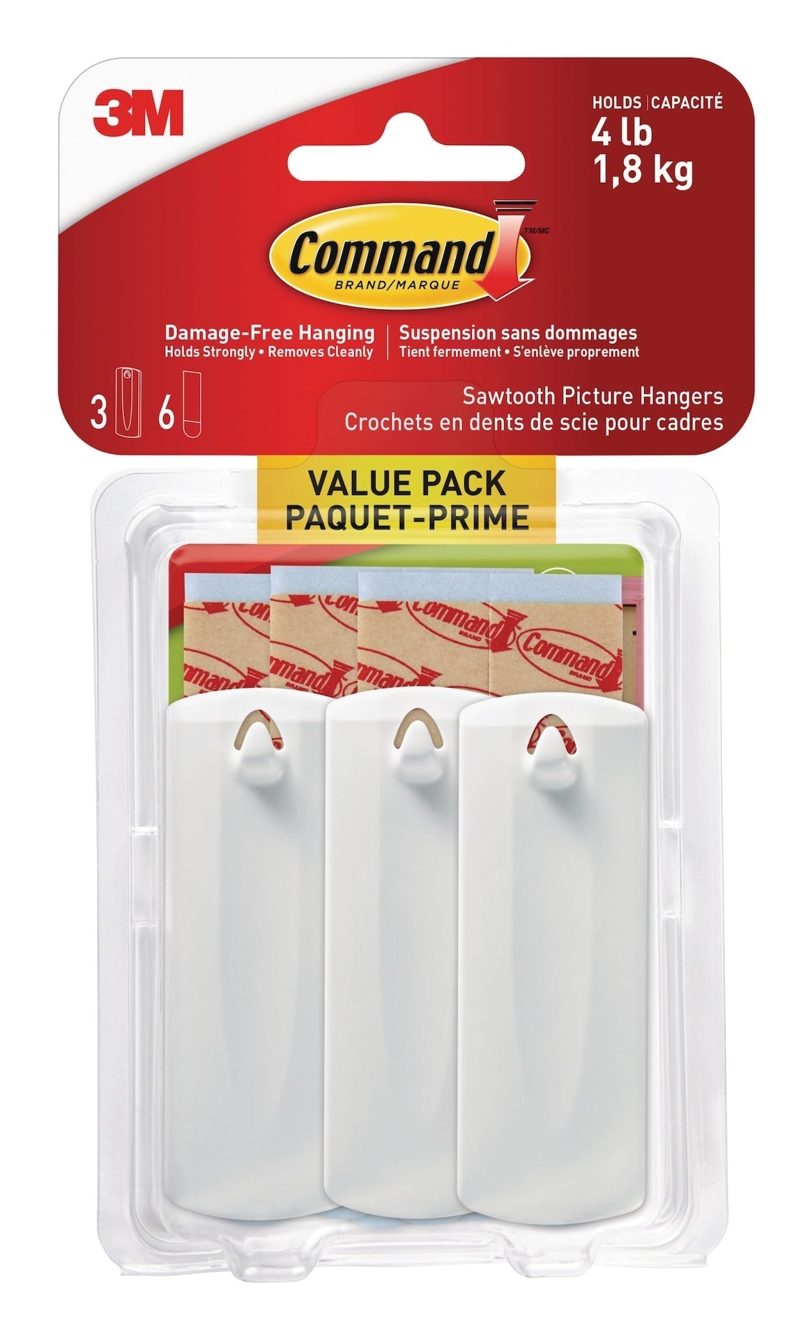 Adhesive Sawtooth Picture Hanging Hooks with Adhesive Strips, White, 4-lbs, 3 Strips per Pack V3T1 - product image 1