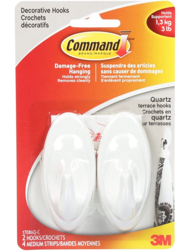 Decorative Quartz Terrace Hooks with Adhesive Strips, White, 3-lbs, 2 Strips per Pack C3S5