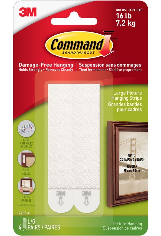 Large Adhesive Picture Hanging Strips, White, 16-lbs, 4 Strips per Pack M9M4