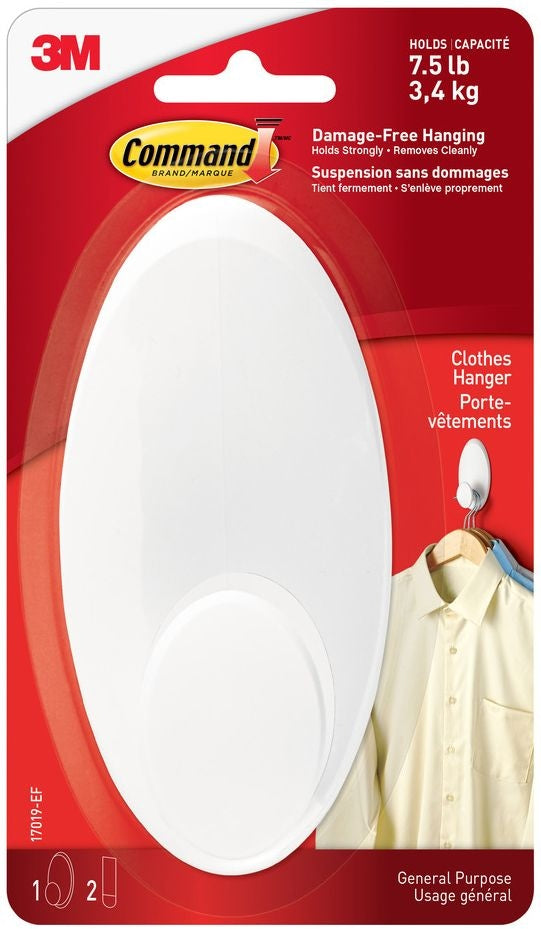 Large Clothes Hanger Organizing Hook with Adhesive Strips, White, 7.5-lbs, 1 Strip per Pack F9F9