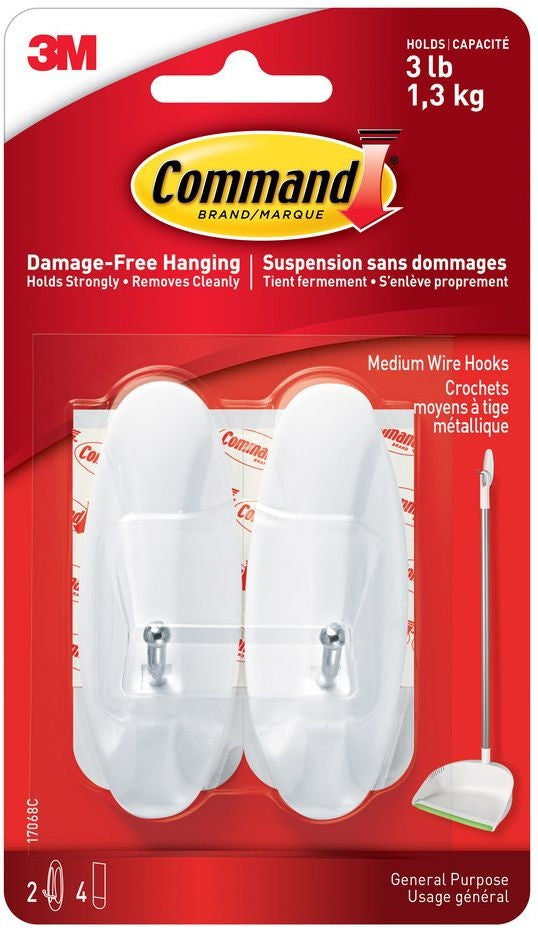Medium General Purpose Wire Hooks with Adhesive Strips, White, 3-lbs, 2 Strips Per Pack I4T6