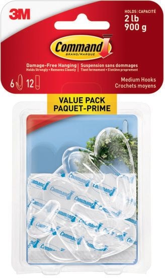 Medium Hooks Value Pack with Adhesive Strips, Clear, 2-lbs, 6 Strips per Pack T4B4