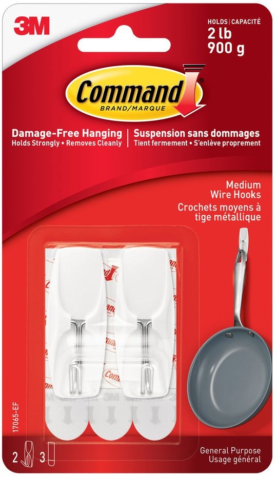 Medium Wire Toggle Hooks with Adhesive Strips, White, 2-lbs, 2 Strips per Pack G4P3
