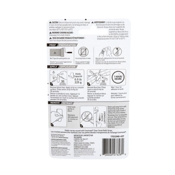Small Decorative Hooks with Adhesive Strips, Matte Black, 0.5-lbs, 4 Strips per Pack R1T1