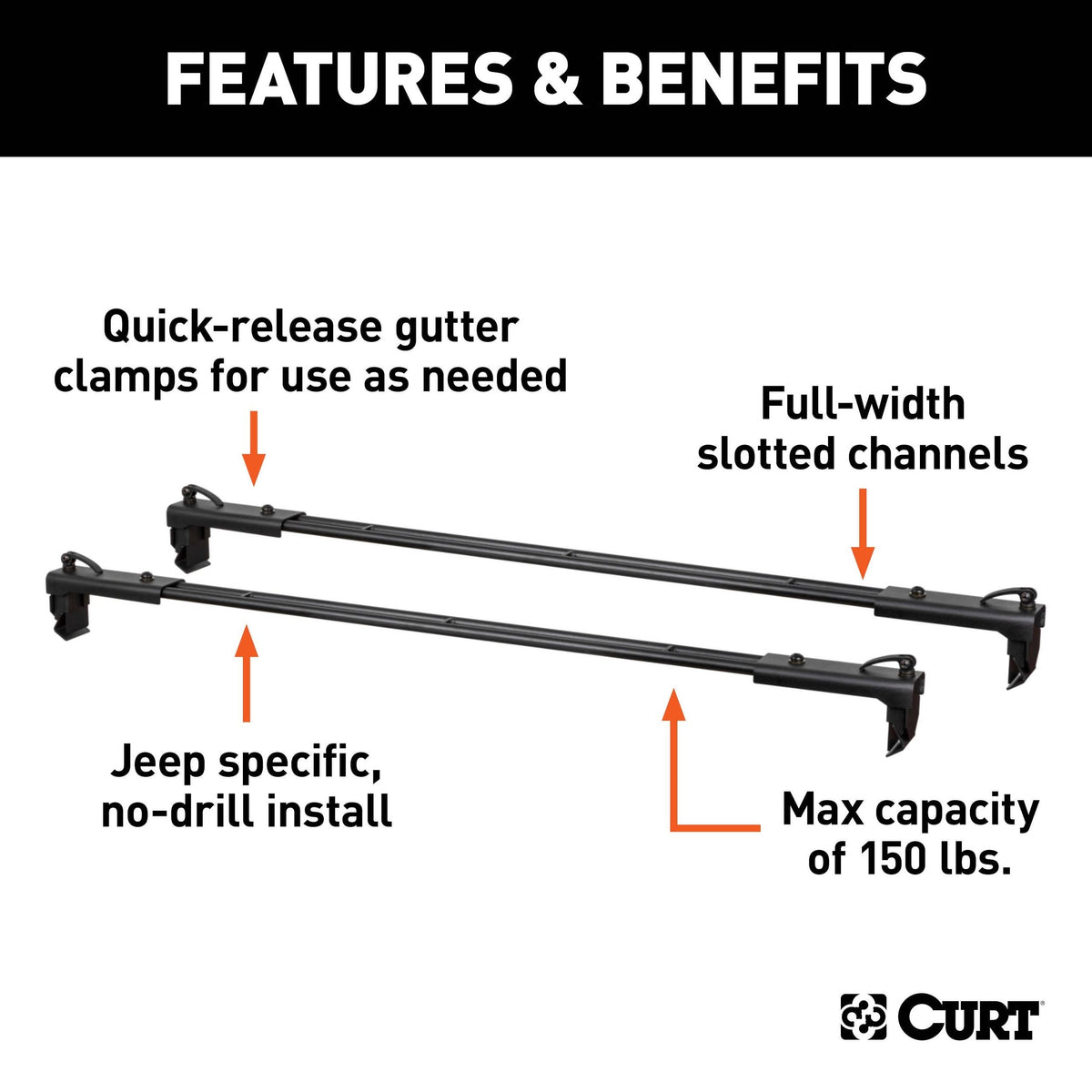 18119 Quick-Release Roof Rack Crossbars, Black Steel, Select Wrangler JK E0W7 - product image 6