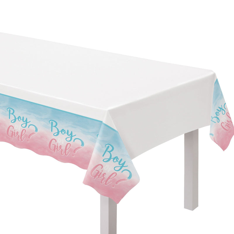 or Boy?" Rectangle Plastic Reusable Table Cover, Pink/Blue, 54x102-in, for Gender Reveal Z0Q0