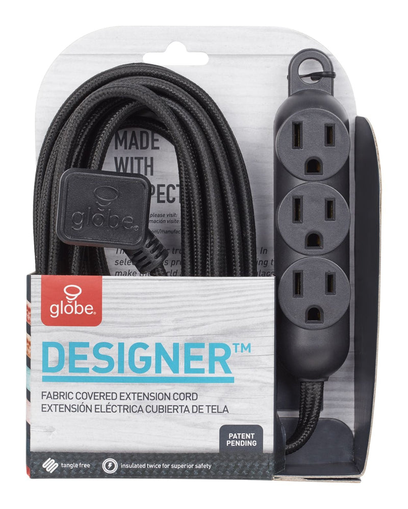 12-ft 16/3 Fabric Extension Cord, Right Angle Plug, 3 Outlets, Black W4G2