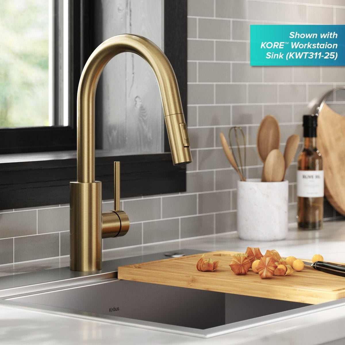 Oletto Pull-Down Single Handle Kitchen Faucet with QuickDock Top Mount Installation Assembly, Spot Free Antique Champagne Bronze F0T2 - product image 3