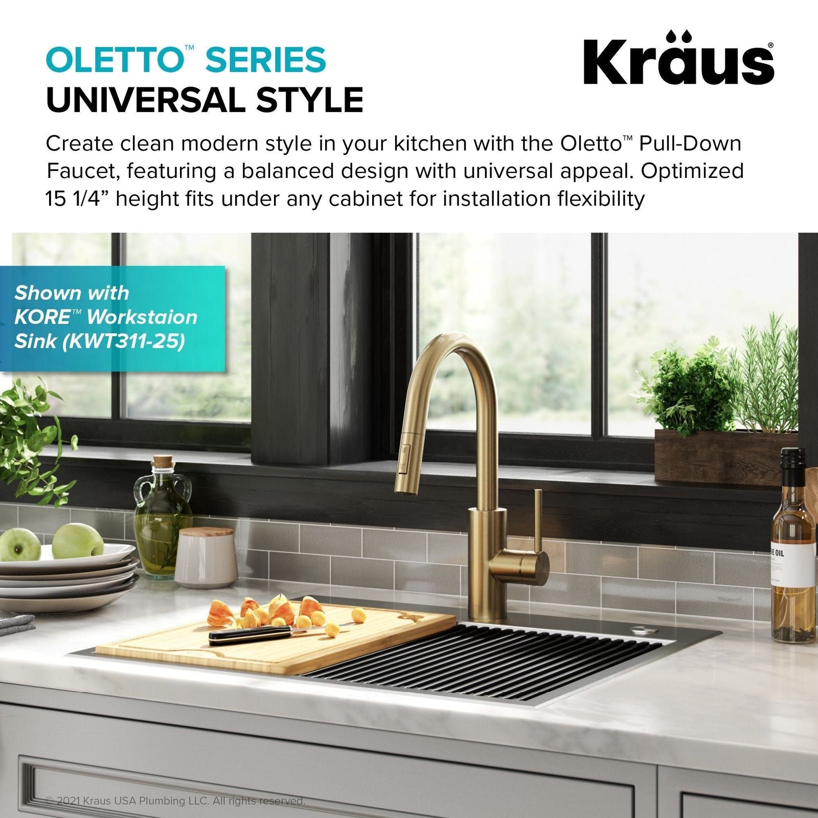Oletto Pull-Down Single Handle Kitchen Faucet with QuickDock Top Mount Installation Assembly, Spot Free Antique Champagne Bronze F0T2 - product image 4