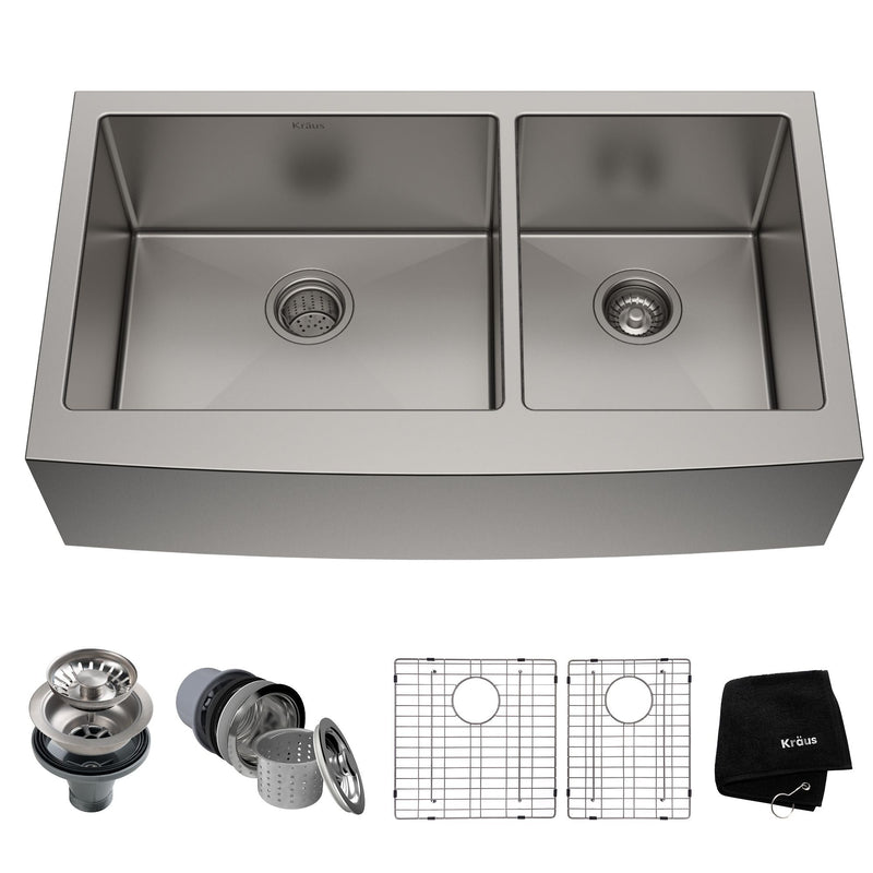 Standard PRO Apron Front Farmhouse Stainless Steel Double Bowl Kitchen Sink, 36x21x10-in O6L7