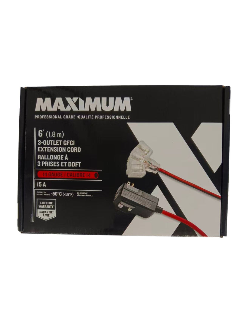 6-ft 14/3 Outdoor GFCI Extension Cord with 3 Grounded Outlets, Lighted End, Block/Red D5U4