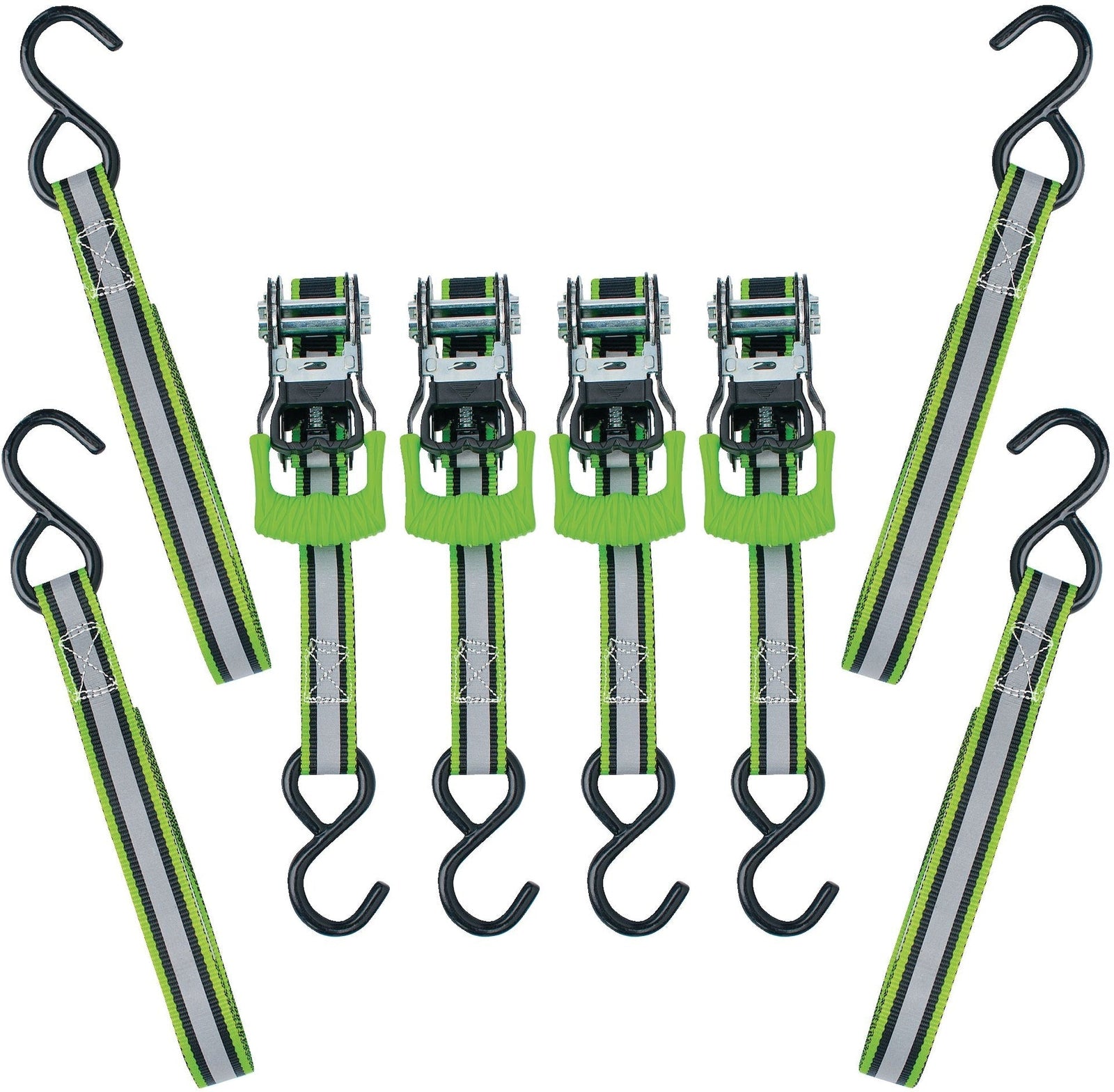 1,500-lb Reflective Ratchet Tie Down Strap, with Padded D-Handle, 1-in x 12-ft, 4-pk, Green G5P9 - product image 1