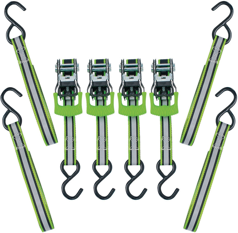 1,500-lb Reflective Ratchet Tie Down Strap, with Padded D-Handle, 1-in x 12-ft, 4-pk, Green G5P9