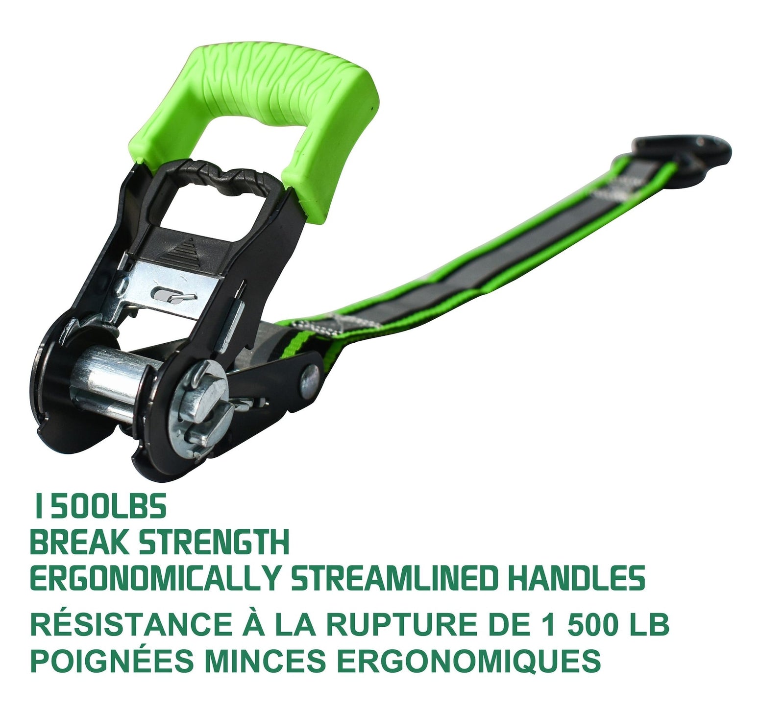 1,500-lb Reflective Ratchet Tie Down Strap, with Padded D-Handle, 1-in x 12-ft, 4-pk, Green G5P9 - product image 5