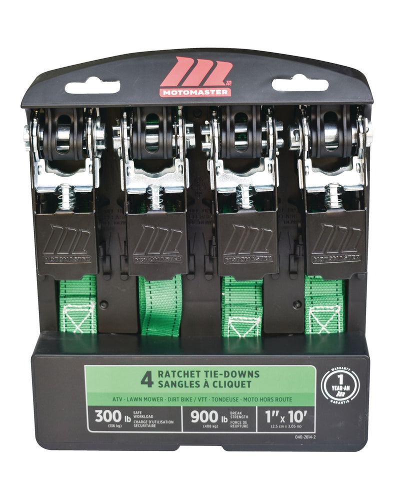 900-lb Ratchet Tie-Down Straps, Non-Padded, 1-in x 10-ft, 4-pk D2D4