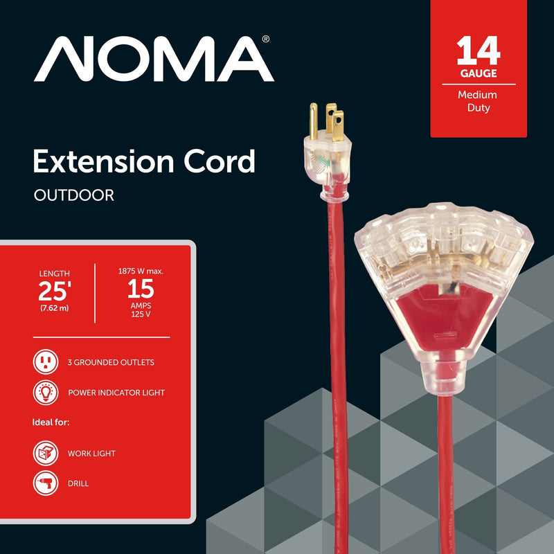 14/3 Outdoor Extension Cord with 3 Grounded Outlets & Lighted End, Red B6O9
