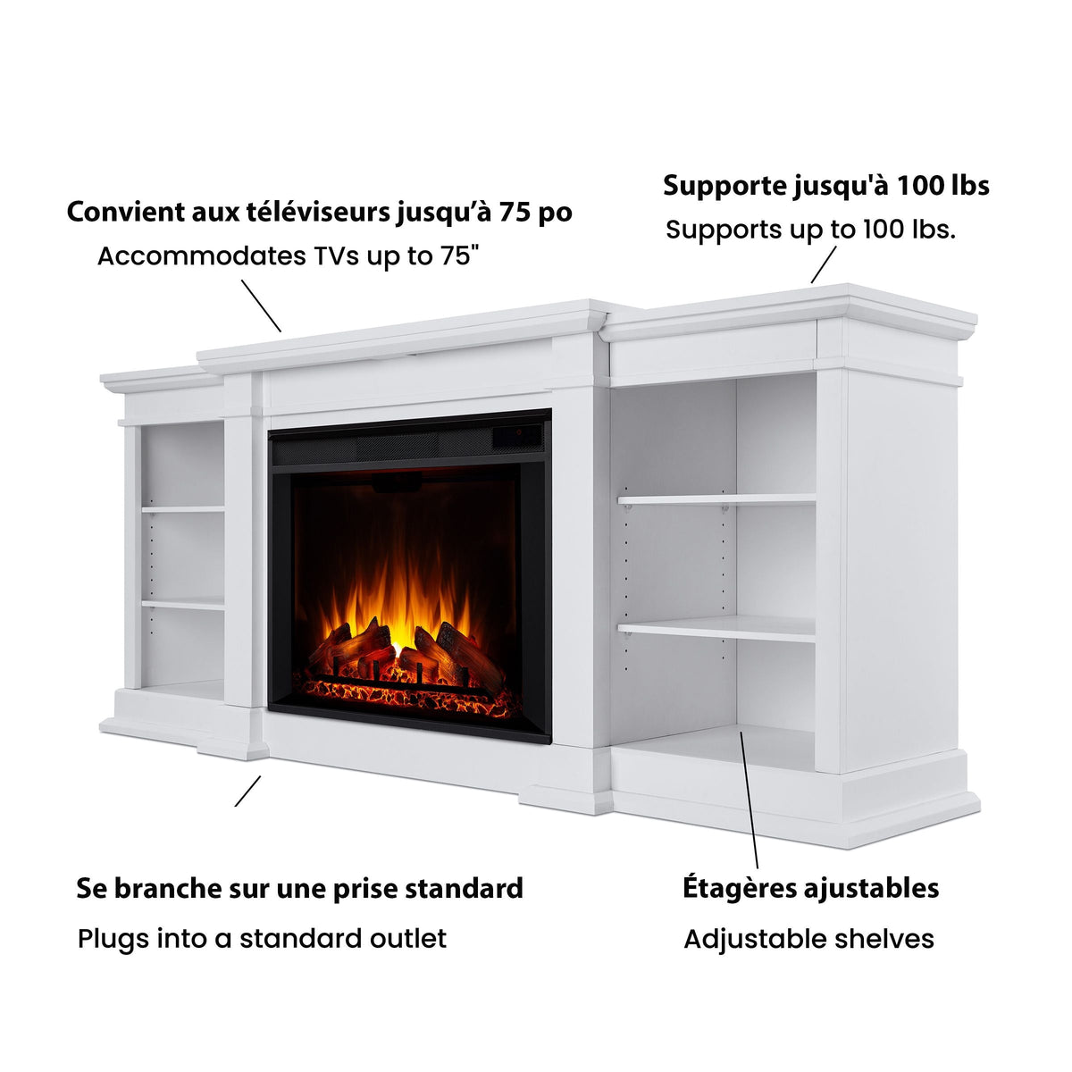 Flame Eliot Grand Entertainment VividFlame Media Indoor Electric Fireplace TV Stand, 1500W, Includes Remote Control & Firebox, White Y4S5 - product image 6