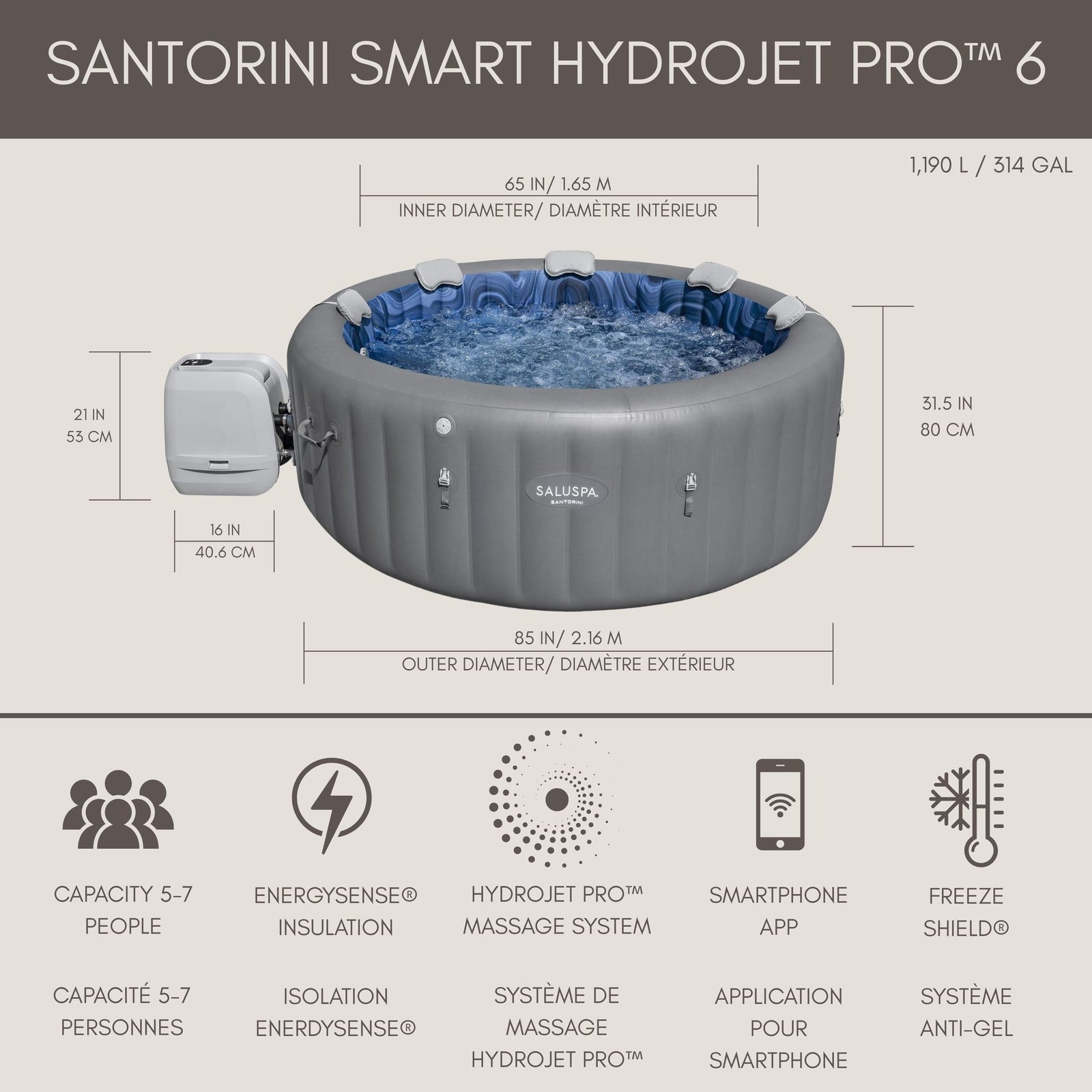 Spa Santorini Grey 7-Person Luxe HydroJet Pro Round Smart Spa, 85-in x 31.5-in Q3Q4 - product image 6