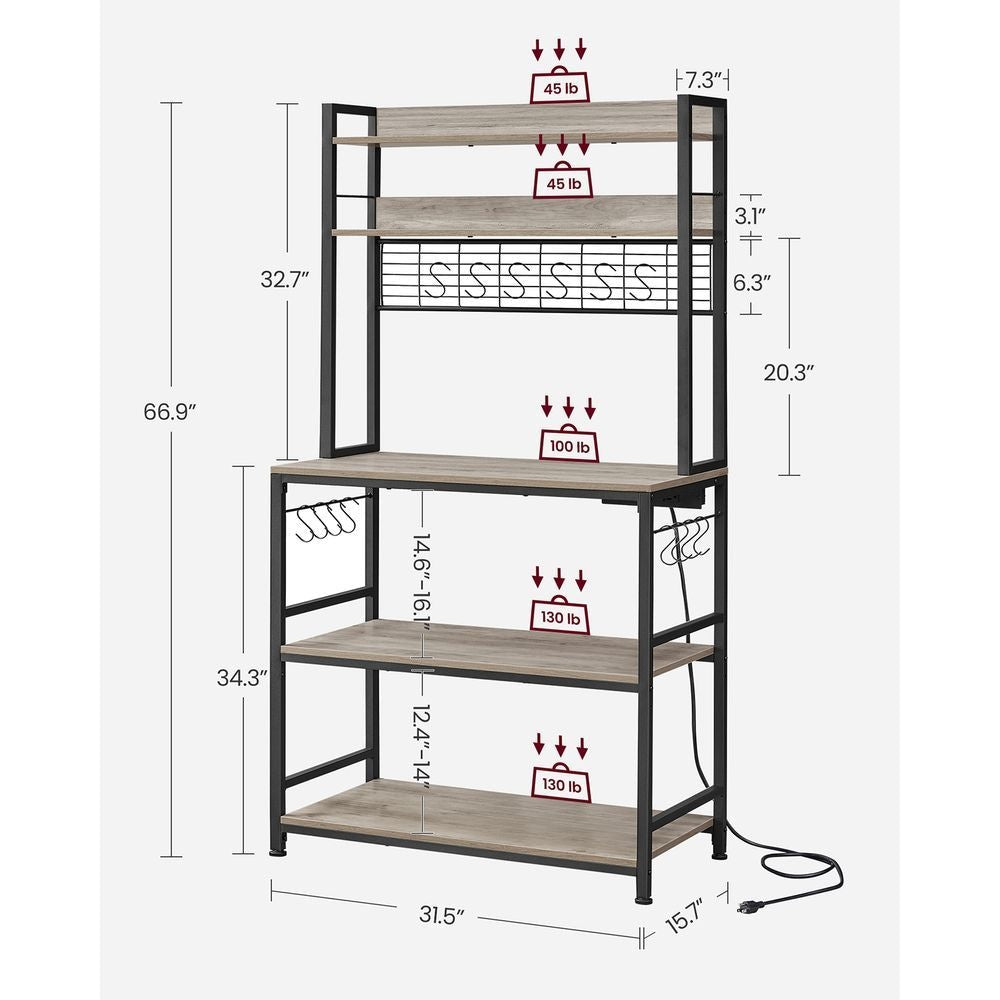 Home 5-Shelf Grey Baker's Rack with 4 AC Outlets D2K6 - product image 5