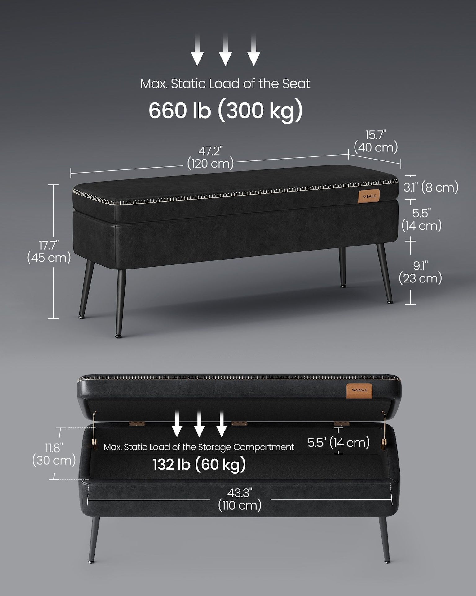 Home Mid-Century Ink Black Ottoman Storage Bench G6K5 - product image 5