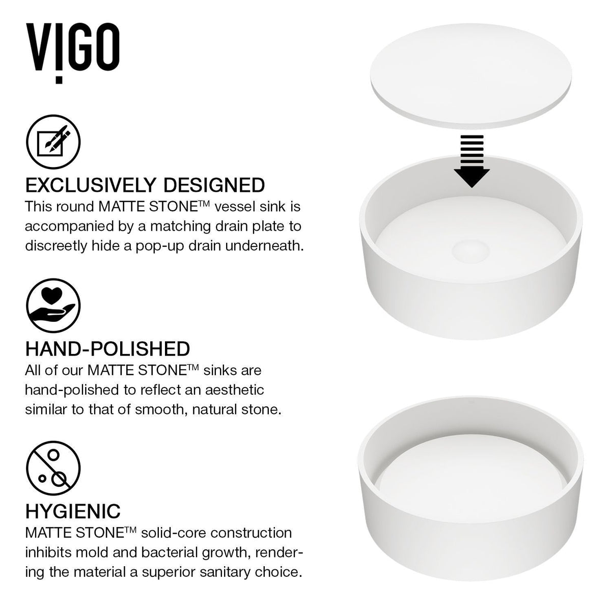 Anvil MatteStone Round White Composite Bathroom Sink/Basin Set with Gotham Faucet and Pop-Up Drain G7K4 - product image 4