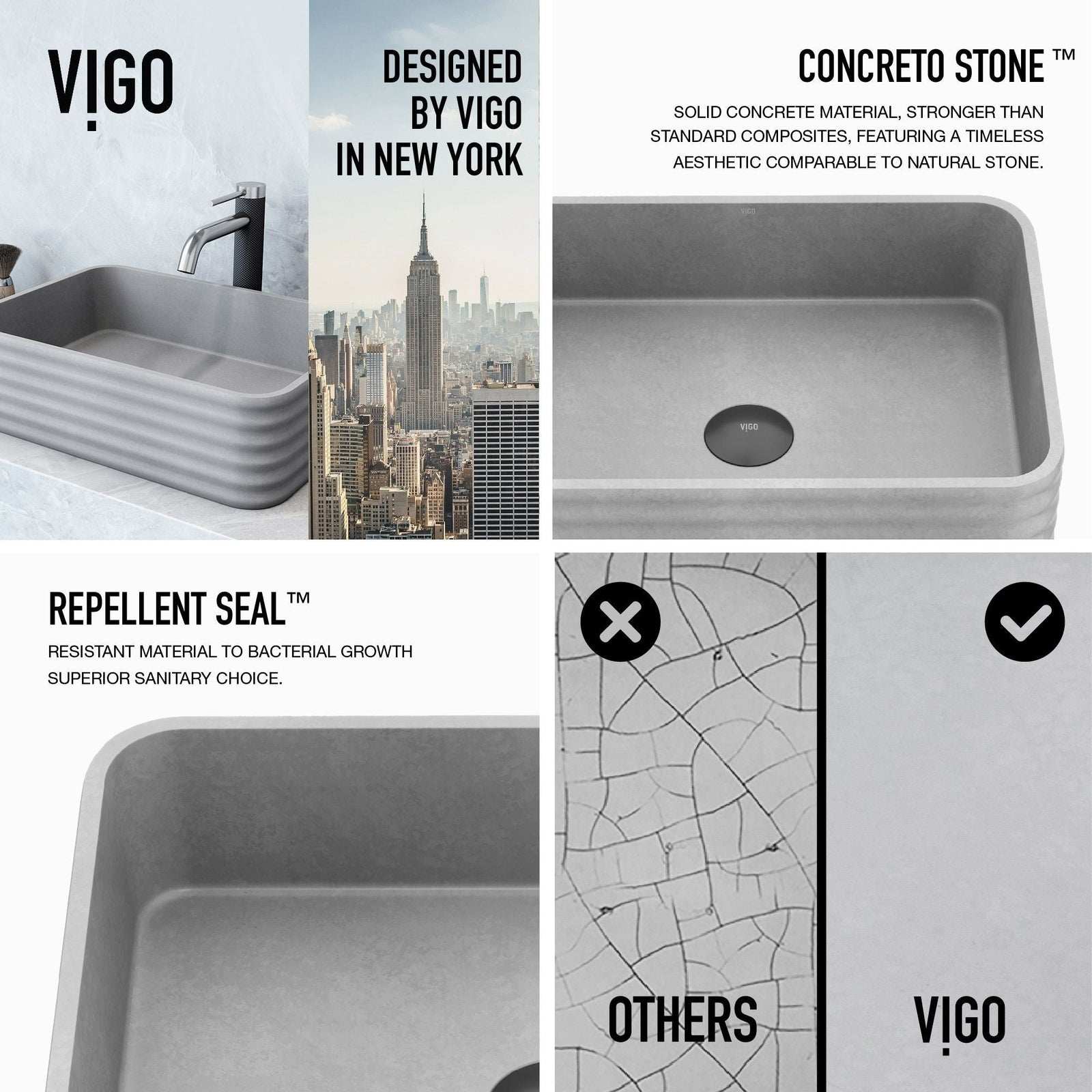 Cadman ConcretoStone Grey Bathroom Sink/Basin Set with Lexington Faucet and Rectangular Vessel O8M2 - product image 3