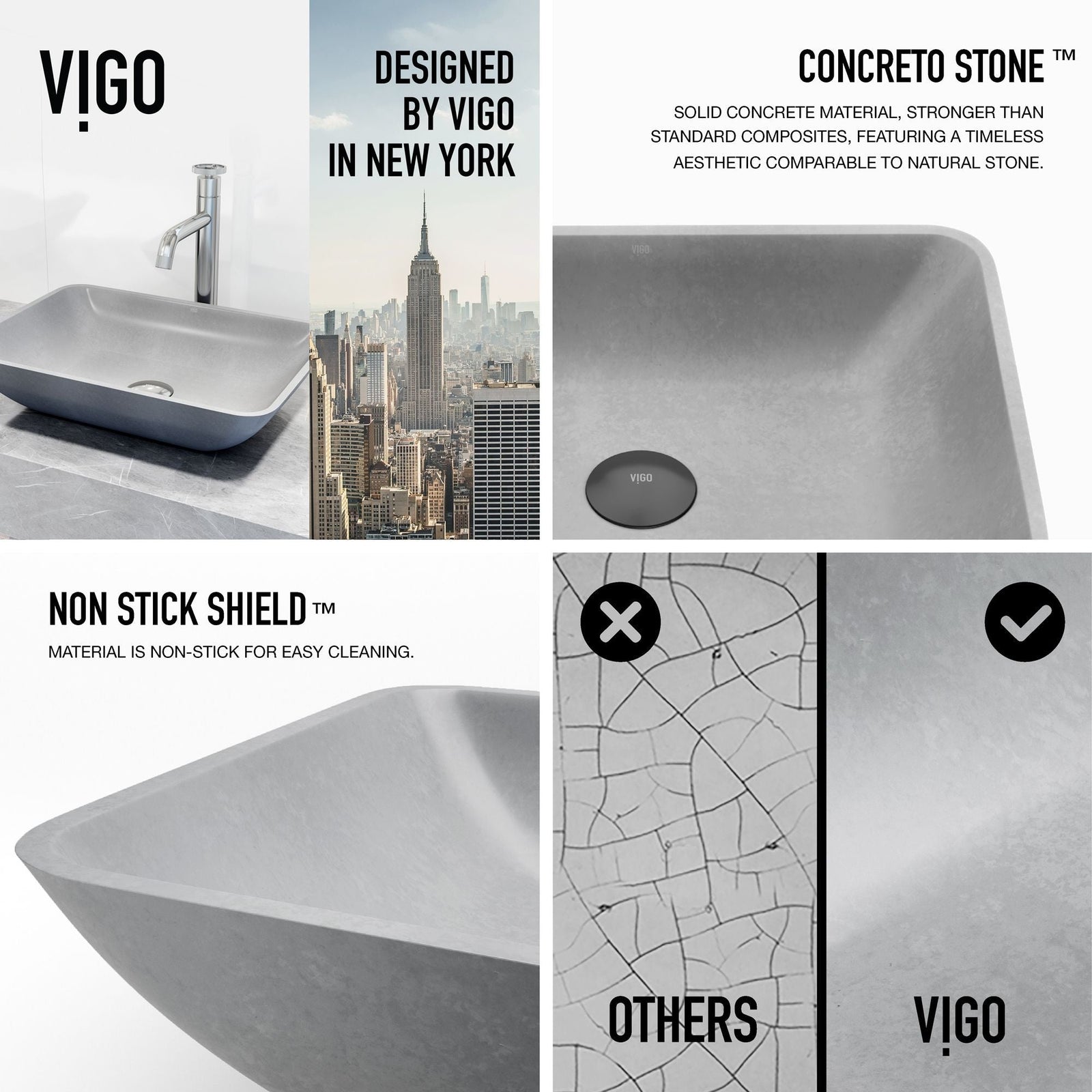 Duomo Gothic ConcretoStone Grey Bathroom Sink/Basin Set with Cass Faucet and Rectangular Vessel K9X5 - product image 5