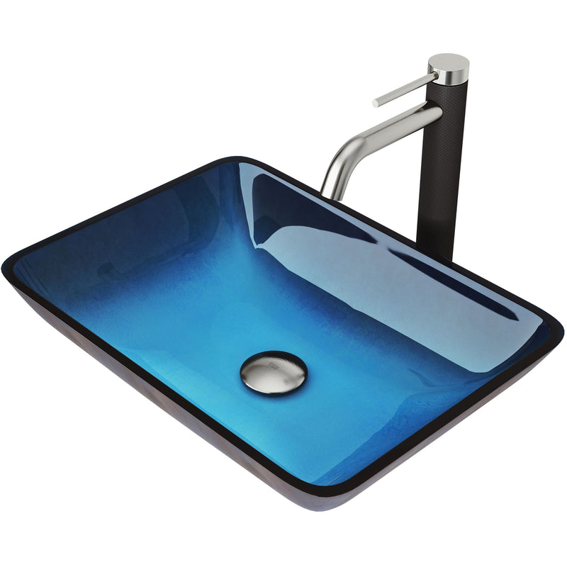 Glass Turquoise Water Bathroom Sink/Basin Set with Lexington Faucet and Rectangular Vessel U8R3