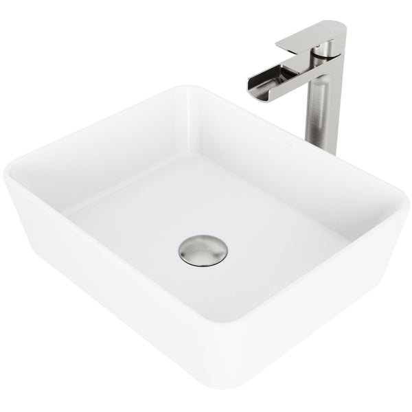 Marigold MatteStone Matte White Bathroom Sink/Basin Set with Amada Faucet and Rectangular Composite Vessel V5W3