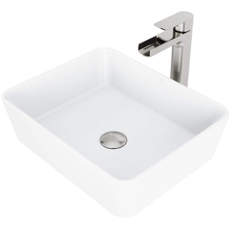 Marigold MatteStone Matte White Bathroom Sink/Basin Set with Amada Faucet and Rectangular Composite Vessel V5W3