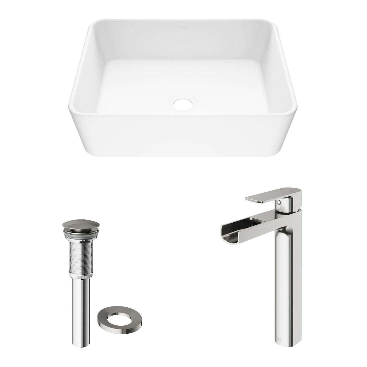Marigold MatteStone Matte White Bathroom Sink/Basin Set with Amada Faucet and Rectangular Composite Vessel V5W3 - product image 2