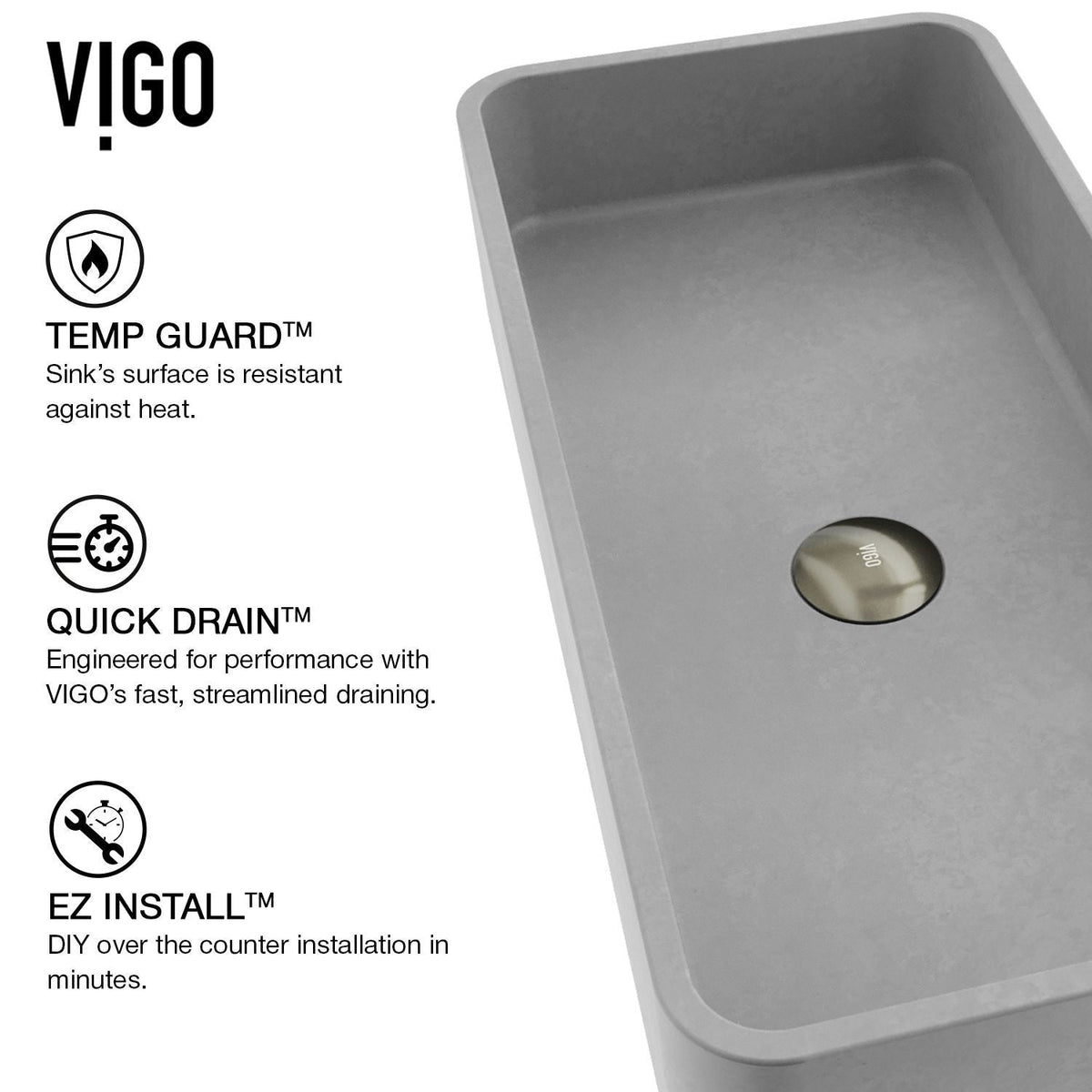 Palazzo Gothic ConcretoStone Grey Bathroom Sink/Basin Set with Niko Faucet and Rectangular Vessel G3F5 - product image 4