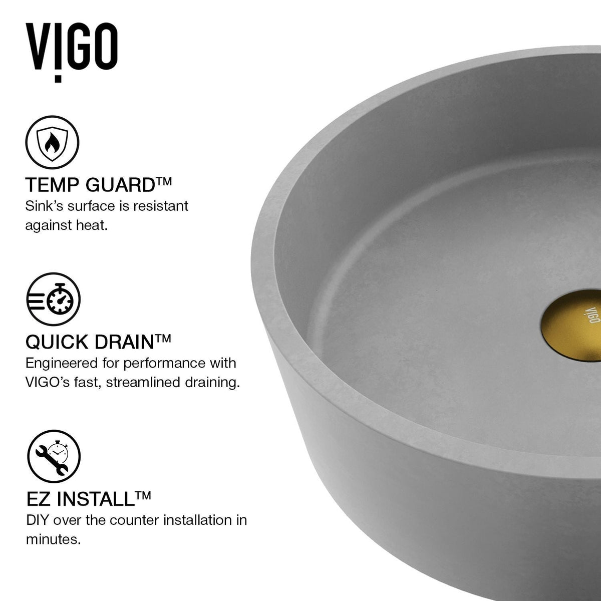 Palermo Gothic ConcretoStone Ash Grey Bathroom Sink/Basin Set with Niko Faucet and Round Vessel I6B3 - product image 5