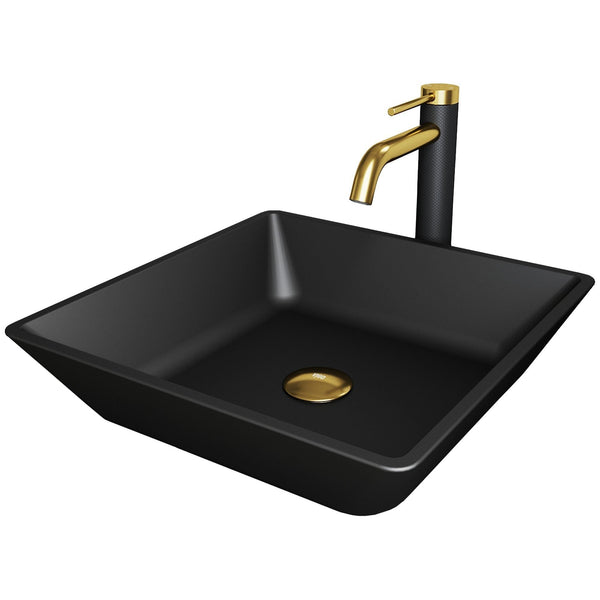 Roma MatteShell Matte Black Bathroom Sink/Basin Set with Lexington Faucet and Glass Square Vessel Z3V4
