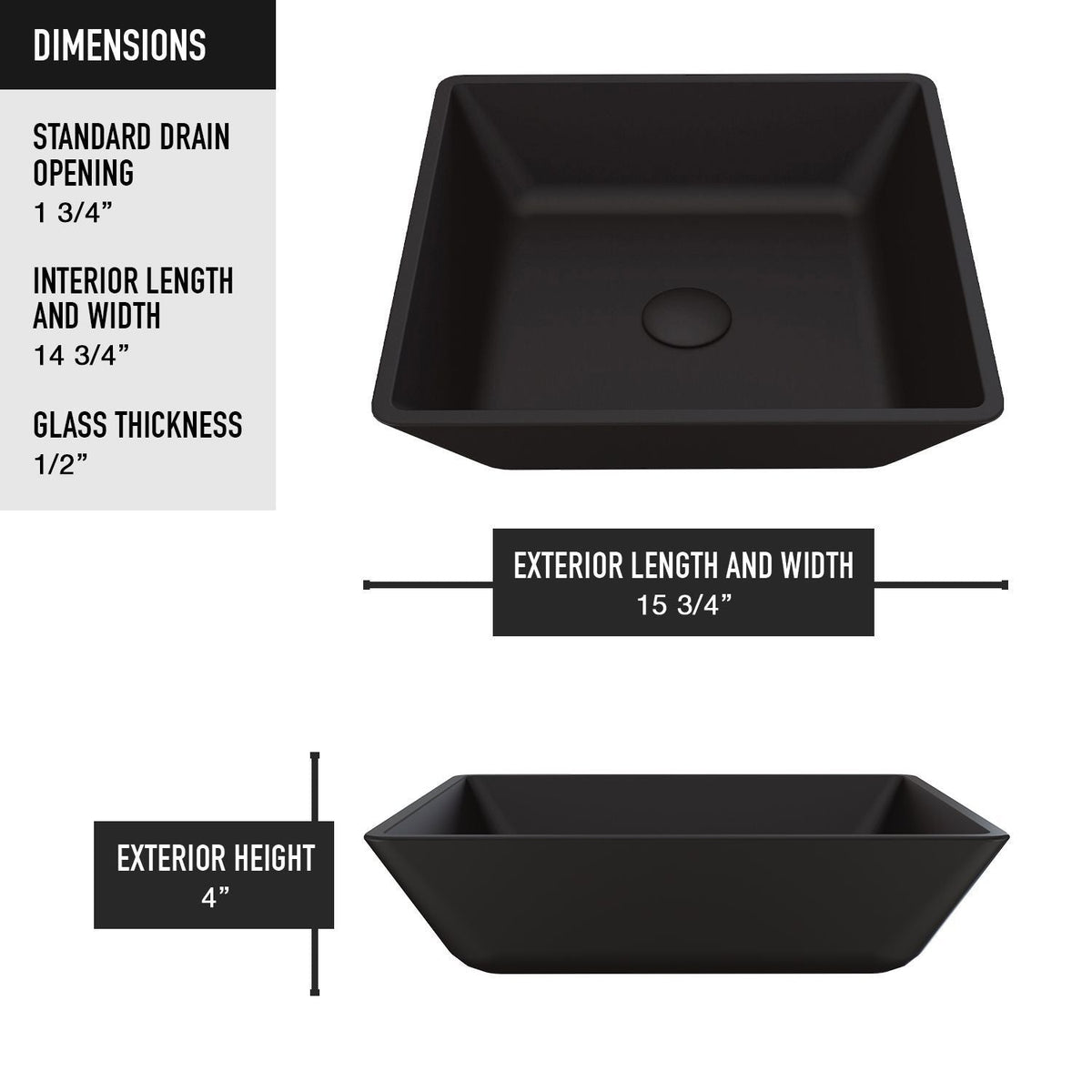 Roma MatteShell Matte Black Bathroom Sink/Basin Set with Lexington Faucet and Glass Square Vessel Z3V4 - product image 7